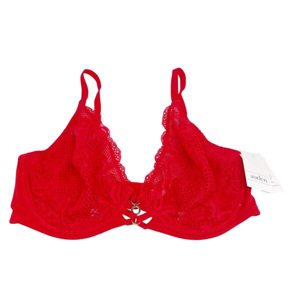 Auden Unlined Full Coverage Comfort Underwire Bra Gold Ring Accent Red Lace 36D - Picture 2 of 6